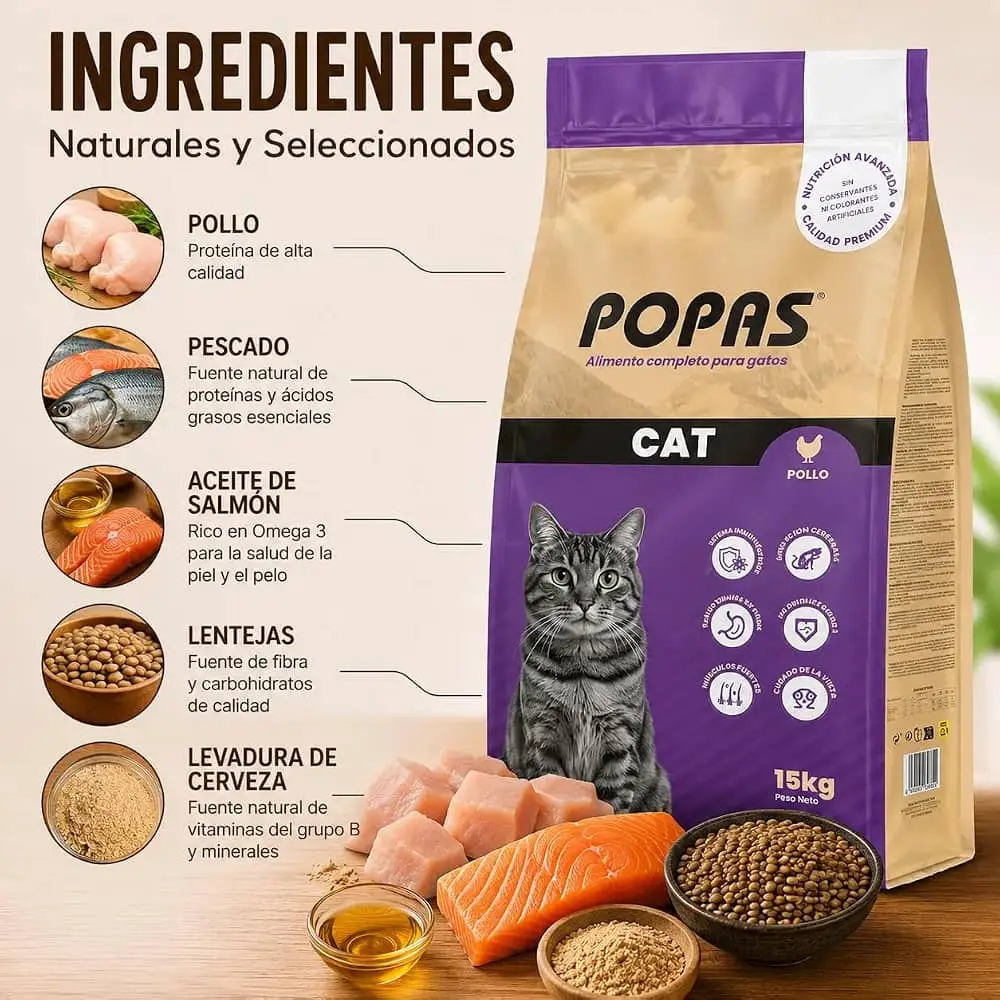 Pienso Popas para gatos adultos sabor pollo y pescado — imagen 2