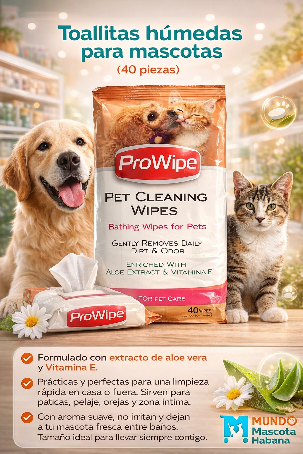 Toallitas húmedas para mascotas con vitamina E y Aloe Vera's foto | Mundo Mascota Habana |  BizneCubano